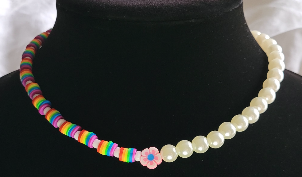 Rainbow and Pearl Flower Necklace