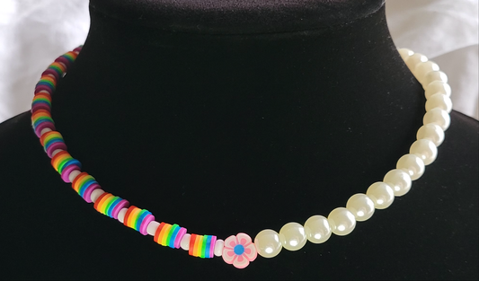Rainbow and Pearl Flower Necklace